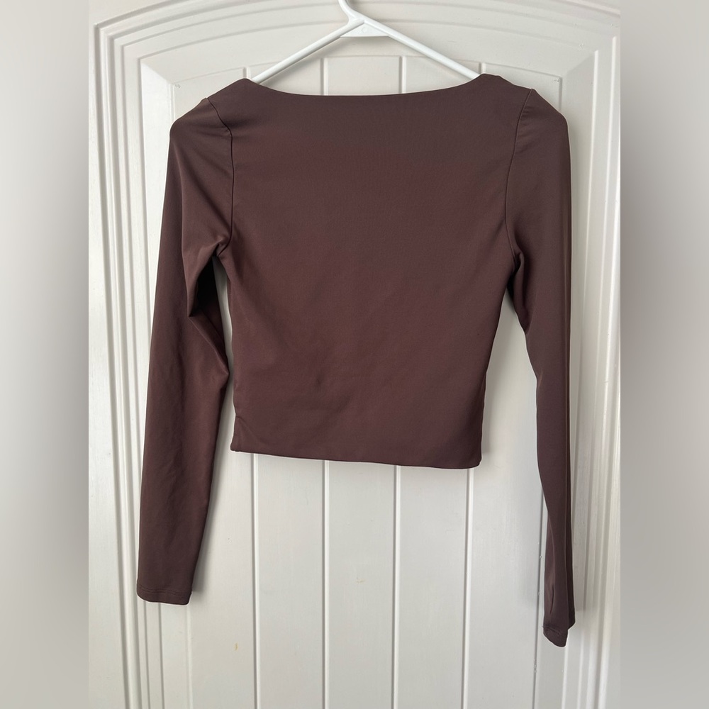 Babaton Square Neck Long Sleeve Top S Brown Fitted Minimal - Picture 3 of 11